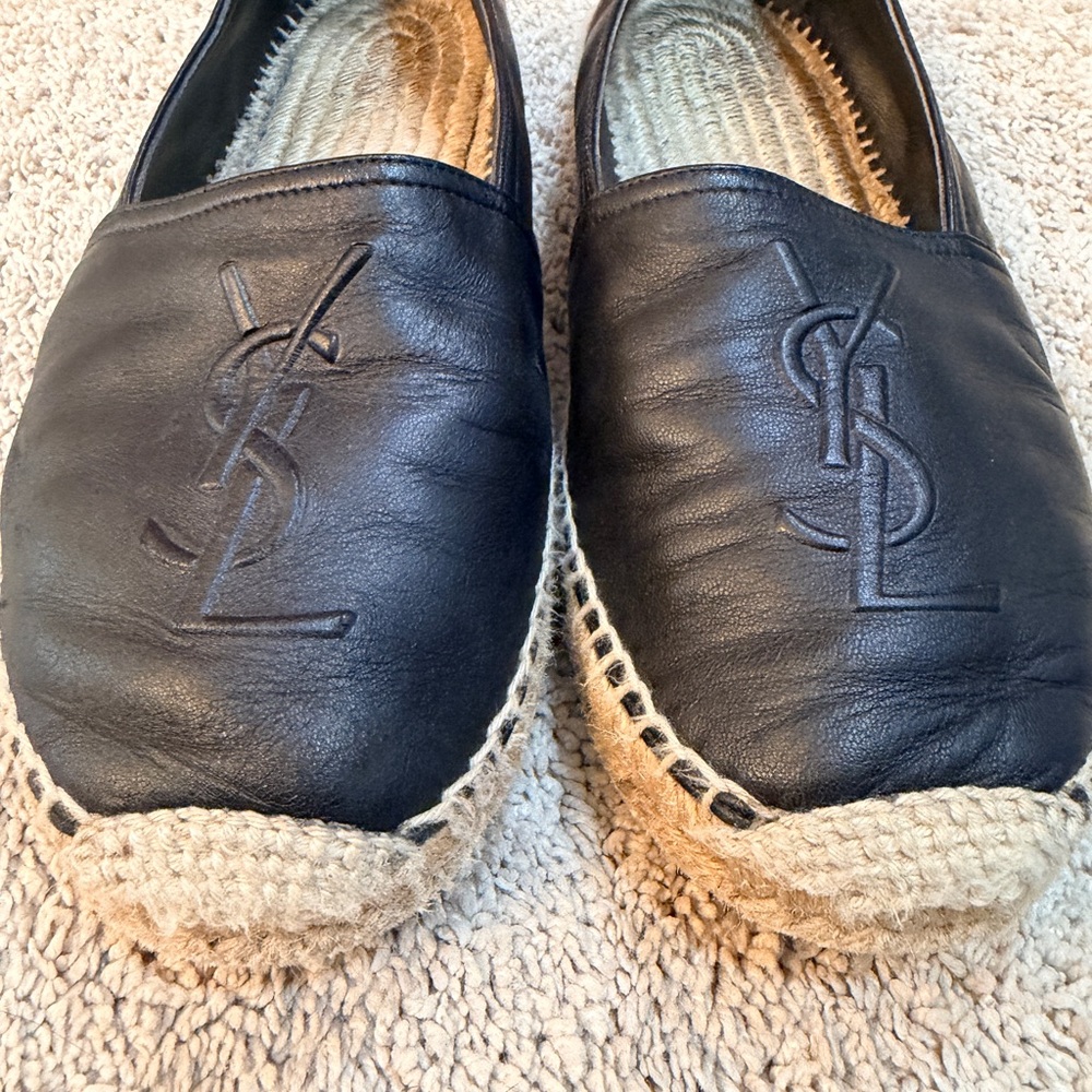 Yves Saint Laurent Black Leather Espadrille Slip-On Loafers